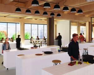 Rendering of the community kitchen in the Lawson Centre for Sustainability