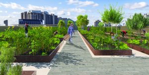 Rendering of an urban farm on a rooftop